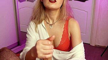 Beauty jerks off guy in sexy lingerie, close-up cumshot