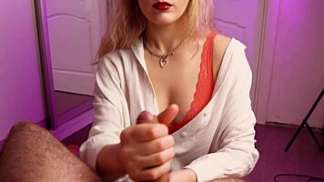 Beauty jerks off guy in sexy lingerie, close-up cumshot