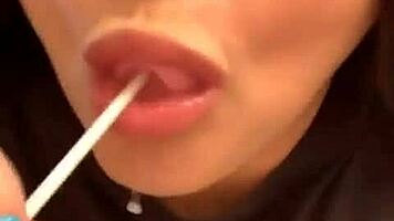 marcy diamond gives sloppy blowjob to lollipop, tons of spit on her tits