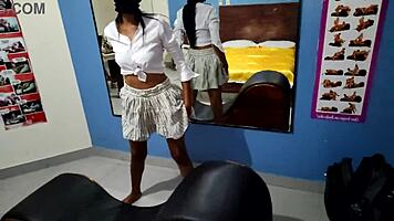 Skinny brunette visits stepfather for special gift discreetly.