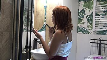 Hot Sexy Tight Pussy Redhead Girlfriend In Bathroom Without Panties