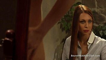 Busty blonde lesbian slave submits to madame during washing and domination session