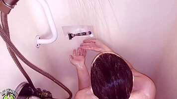 Man sneaks into bathroom to record chubby bbw teen masturbating with toys in shower