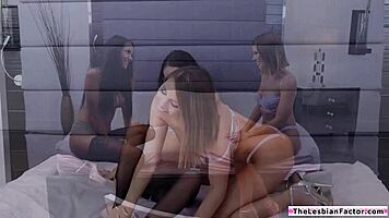 These lesbian babes are stripping and licking pussy in front of a client