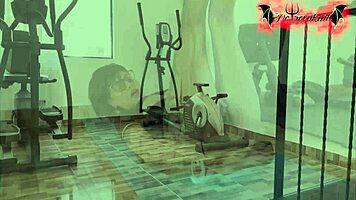 Colombian slut with tattoos masturbates with dildo in gym. Her natural tits bounce wild