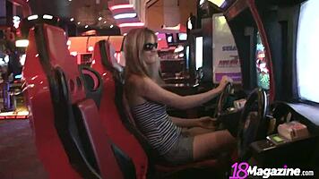 tall college coed in tight dress plays outdoors with long legs