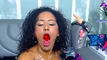 curly teen gets dirty and nasty gagging on panties with saliva