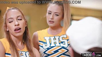 Cheerleaders let their coach decide their fate, and he fucks both of them in the ass.