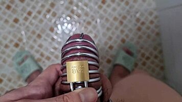korslaveman shares his homemade solo session peeing while locked in chastity belt