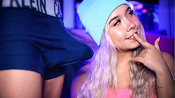 Blonde college student teases her boyfriend's cock over boxer shorts