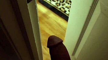 Stepsis plays with dildo while stepbro watches from door edge
