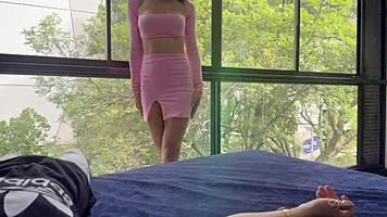 skinny latina brunette with long hair bends over for rough spanking while twerking on cock and showing tits