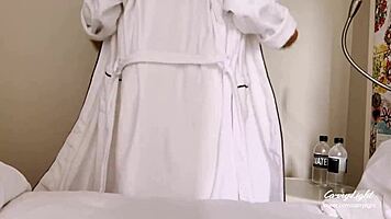 stepmother slams hard with stepson sharing a tight hotel bed room.