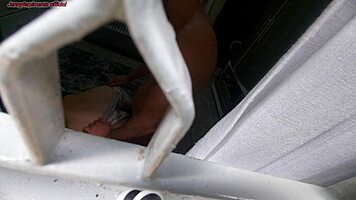 Boldly watching stepbrother intensely fuck curvy wife through window, cum on ass.