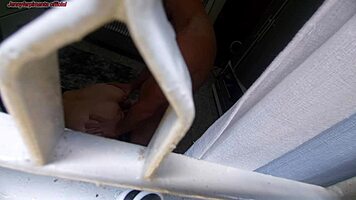 Boldly watching stepbrother intensely fuck curvy wife through window, cum on ass.
