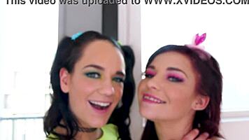 kylie pierce and daisy love contrast their petite frames with a massive cock in this pov double blowjob leading to cum swallows