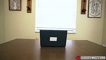 Stepsister JC Wilds sneaks under table to give Conor a wet, sloppy blowjob in college.