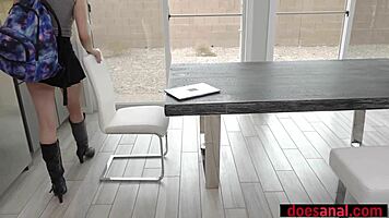 Busty frustrated babe wakes up her bf for a rough anal fuck.