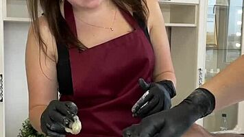 hey, during depilation training with sugarnadya, client cums on young apprentice!