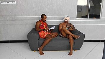 Two muscular students hire a cleaner, but end up fucking her hard, filling her ass and mouth with cum.