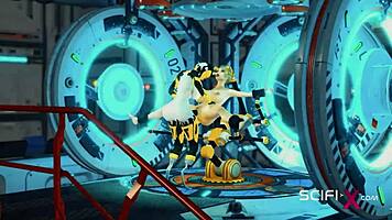 Sci-Fi BDSM Cuffed Hottie and Shemale Android Fucked in Lab