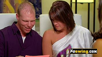 sexy brunette riding wild cocks at this crazy swinger orgy, damn! can't believe the action here.