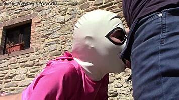 Laura in heels performs outdoor blowjob leading to oral creampie