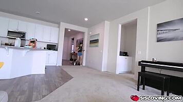 Horny petite 18+ brunette stepsister licks and deepthroats her stepbro's monster cock before he fucks her small tits pussy