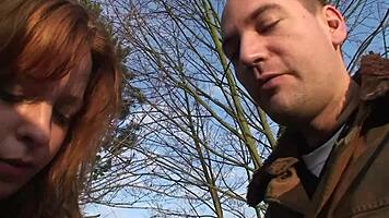 redhead teen gets blowjob and fucked outdoors to orgasm