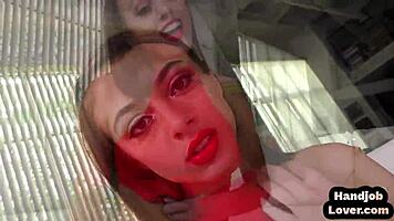 Pornstar babe gives handjob and talks dirty