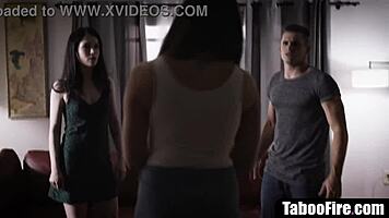 Stepbrother and stepsister compete for stepmoms pussy in family taboo