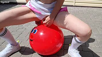 Horny Stepsister Riding Fitness Ball with Intense Double Action