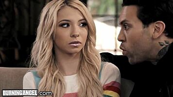 Babysitter Kenzie Reeves joins tattooed couple for wild hairless pussy play