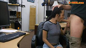 a skinny teen babe gets banged at the pawnshop while being spied on