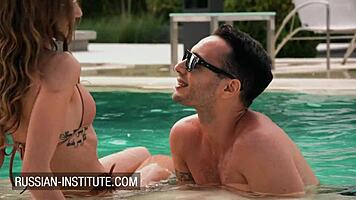 Petite Blonde Babes in Lesbian Threesome by the Pool