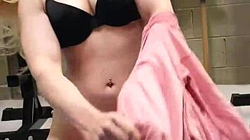 nude squats with butt plug while masturbating at gym