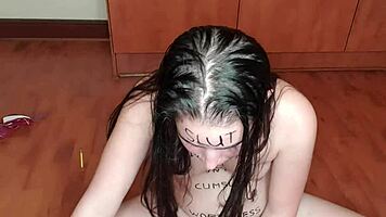 Why would this slut eat piss-covered fruits while degrading herself?