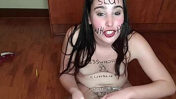 Why would this slut eat piss-covered fruits while degrading herself?