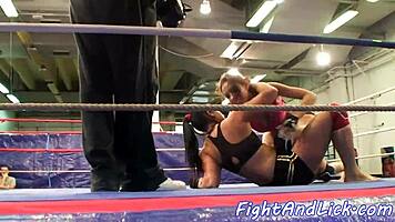 Busty European babes wrestle naked in the ring for dominance