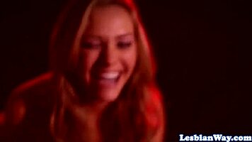 Bigtitted Beauty Licks Petite Pussy in Lesbian Oral Scene.