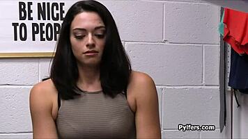 The teen thief gets her pretty face stuffed with a fat dick at the office.