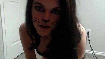 Teen Feels Intense Pleasure Fingering In Pussy Cat Outfit On Webcam