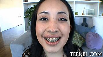 making a hard one-eyed monster burst out with huge tight teen 18+ cum in pussy blowjob cumshot.