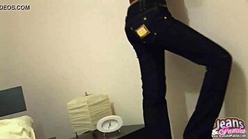 babe feels sexy in black tight jeans, flashing