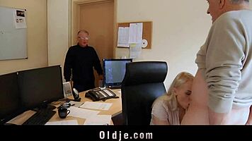 Old businessman enjoys hot blonde secretary in steamy threesome action