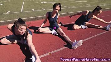 Athletic lesbian teens party in spandex.
