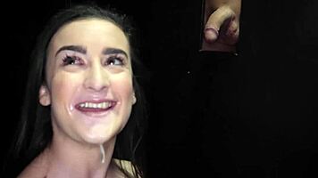 Young girl sucking cocks through gloryhole and swallowing