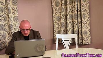 Petite young masturbates old man with handjob and fingering to cumshot.