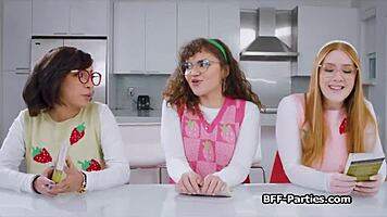 nerdy girlfriends turn book club into foursome at night club, sucking cocks and blowjobs 😏