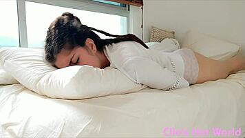 Blue-Eyed Rastagirl Rubs Clit in Pajamas for Intense Morning Orgasm